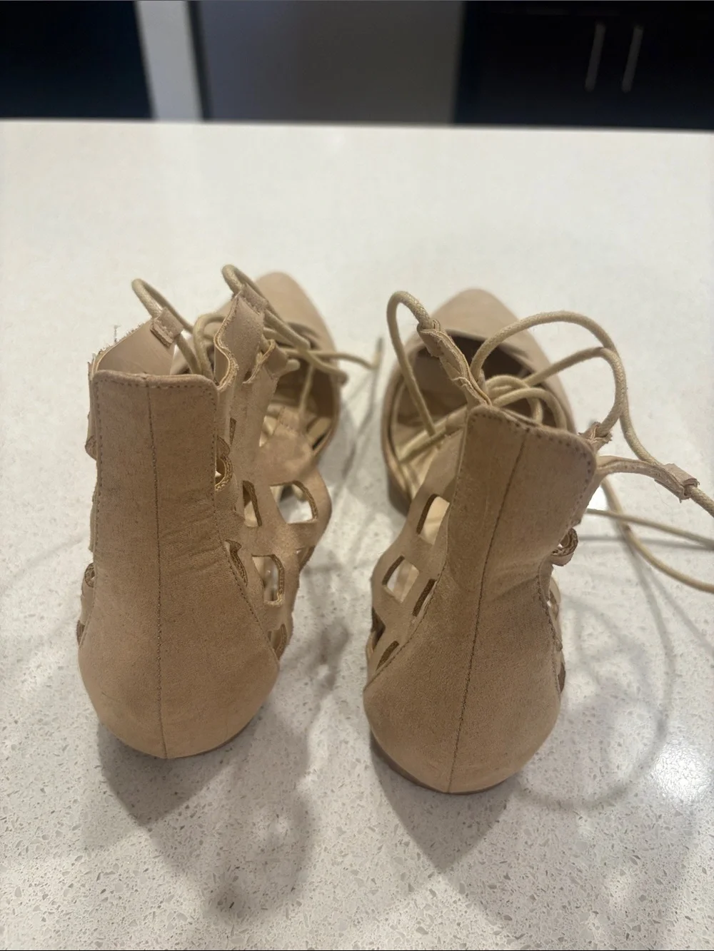 Lace-Up Pointed Toe Flats in Tan